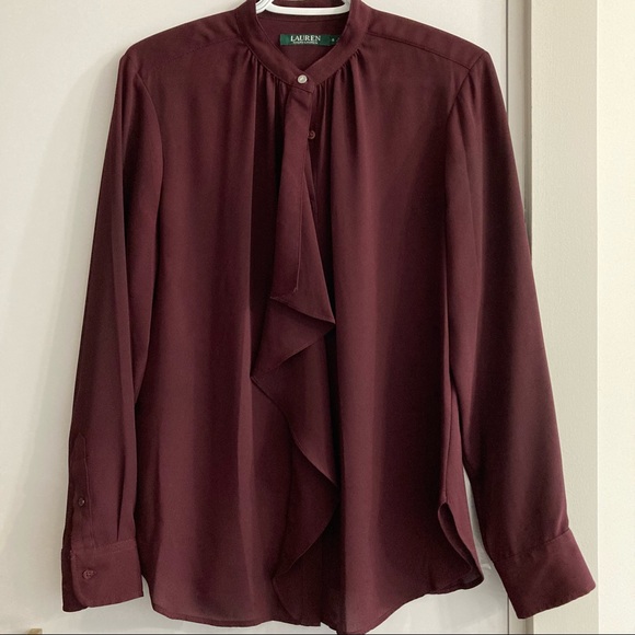 👚Lauren by Ralph Lauren maroon/oxblood ruffled button down long sleeve blouse👚 - Picture 1 of 5